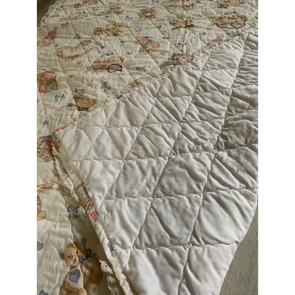 Vintage Teddy Bear Toy Box Quilted Baby Blanket and Ruffled Bed Skirt Set crib
